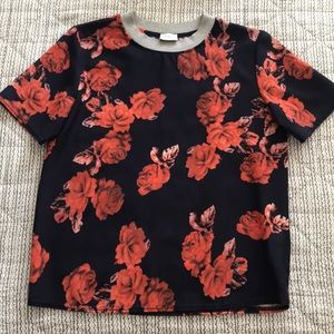 Zara top, navy with red flowers and grey neck